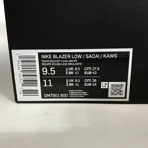 実際に弊社で買取させて頂いたNIKE×SACAI×KAWS/ナイキ×サカイ×カウズ BLAZER LOW Team Red DM7901-600/27.5の画像 7枚目