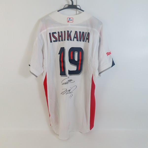 実際に弊社で買取させて頂いたZETT×BEAMS/ゼット×ビームス NPBマーク 東京ヤクルトスワローズ ホーム ユニフォーム #19 石川雅規/Oの画像 1枚目