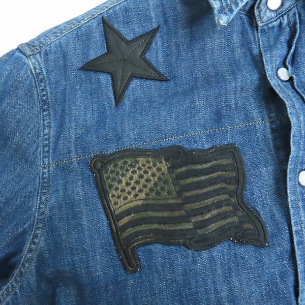 実際に弊社で買取させて頂いたHYDROGEN/ハイドロゲン レザー スター 星条旗ワッペン USED加工 デニムシャツ Mの画像 5枚目