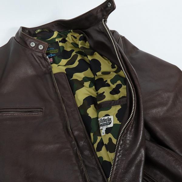実際に弊社で買取させて頂いたA BATHING APE×Schott/アベイシングエイプ×ショット 12AW ステアハイド NYC ライダースジャケット 001HJ9831937/XLの画像 6枚目