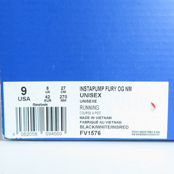 実際に弊社で買取させて頂いたReebok/リーボック INSTAPUMP FURY OG/インスタポンプフューリー FV1576/27.0の画像 9枚目