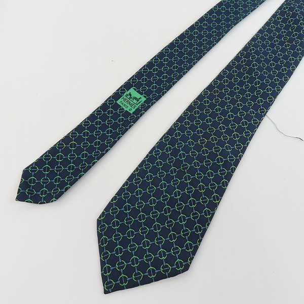 実際に弊社で買取させて頂いたHERMES/エルメス 総柄 シルク100％ ネクタイ グリーン/ブルー の画像 4枚目