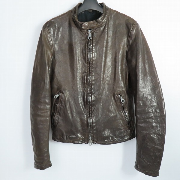 実際に弊社で買取させて頂いたISAMUKATAYAMA BACKLASH/バックラッシュ 製品染めイタリアンダブルショルダー シングル ライダースジャケット 1254-01/S