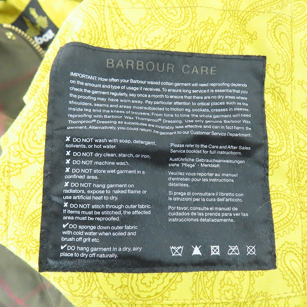 実際に弊社で買取させて頂いたBarbour/バブアー Bedale SL ビデイル オイルドジャケット ペイズリー裏地 1402340/38の画像 4枚目