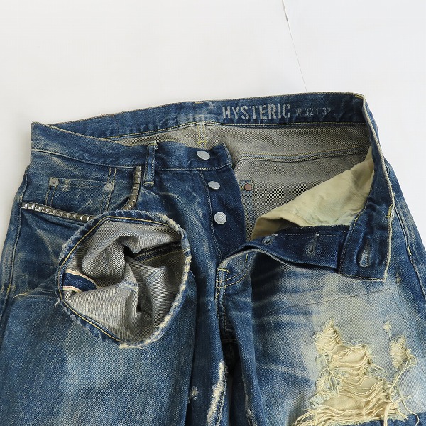実際に弊社で買取させて頂いたHYSTERIC GLAMOUR/ヒステリックグラマー BR加工/ダメージ スタッズ ストレート デニムパンツ 0253AP15/W32 L32の画像 2枚目