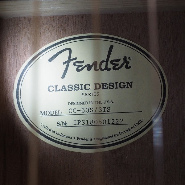 実際に弊社で買取させて頂いた★Fender/フェンダー  CC-60S/3TS Concert アコースティックギター/アコギ ソフトケース付の画像 4枚目