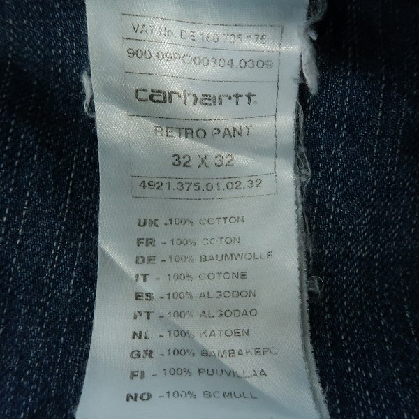 実際に弊社で買取させて頂いたCarhartt/カーハート RETRO PANT/レトロパンツ インディゴ デニム ジーンズ/32の画像 3枚目