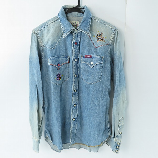 実際に弊社で買取させて頂いた【未使用】HYSTERIC GLAMOUR/ヒステリックグラマー Oh Yeah刺繍 USED加工 デニムウエスタンシャツ 02191AH10/S