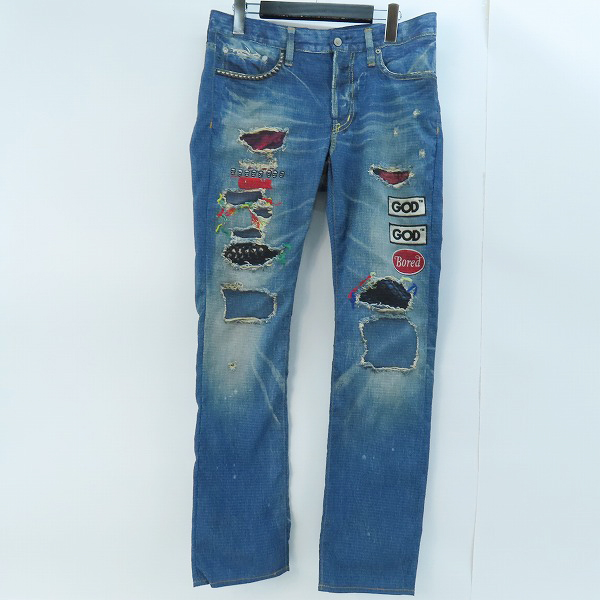 実際に弊社で買取させて頂いたHYSTERIC GLAMOUR/ヒステリックグラマー GOD PATCH DENIM ゴッド パッチ デニム スリムストレートパンツ 02182AP21/S