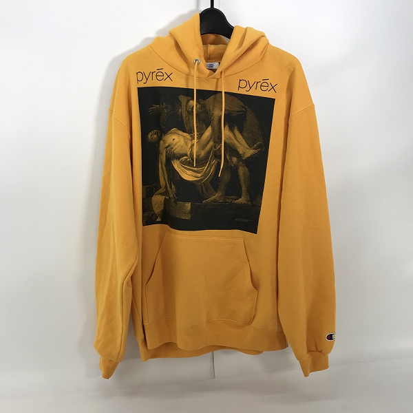 実際に弊社で買取させて頂いたChampion×PYREX VISION/チャンピオン×パイレックス ビジョン フーディ プリントパーカー イエロー /L