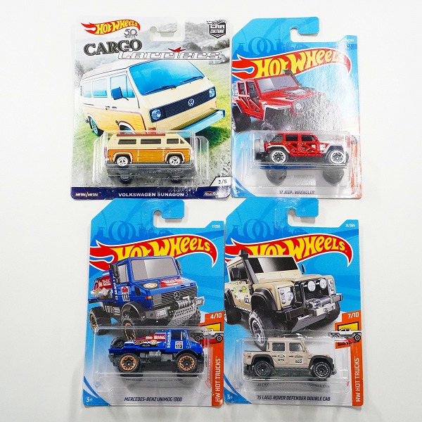 実際に弊社で買取させて頂いた【未開封】Hot Wheels/ホットウィール CARGO CARRIERS VOLKSWAGEN SUNAGON/'17 JEEP WRANGLER 他 ミニカー 4点セット