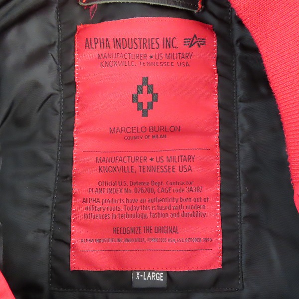実際に弊社で買取させて頂いたMARCELO BURLON×ALPHA INDUSTRIES/マルセロバーロン×アルファ別注 MA-1 フライトジャケット XLの画像 2枚目