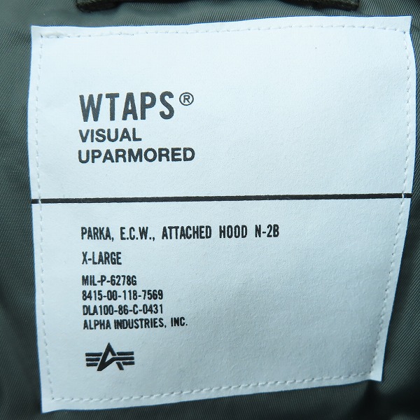 実際に弊社で買取させて頂いたWTAPS×ALPHA/ダブルタップス×アルファ N-2B CORE SPEC コアスペック ファー付ジップアップジャケット TA0690-9019/XLの画像 3枚目