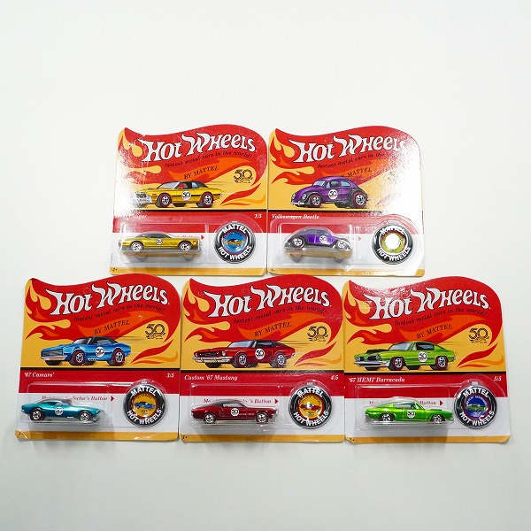 実際に弊社で買取させて頂いた【未開封】Hot Wheels/ホットウィール 50周年記念限定 ボタン付き 1968 Cougar/Volkswagen Beetle/'67 Camaro 他 5点セット