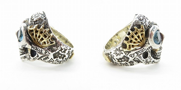 実際に弊社で買取させて頂いたBill Wall Leather/ビルウォールレザー グラフィティマスタースカルリング w/ストーンアイズ w/ゴールドスパイダーウェブ 26号の画像 2枚目