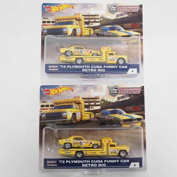 実際に弊社で買取させて頂いた【未開封】Hot Wheels/ホットウィール CAR CULTURE TEAM TRANSPORT '72 PLYMOUTH CUDA FUNNY CAR RETRO RIG 2点セット