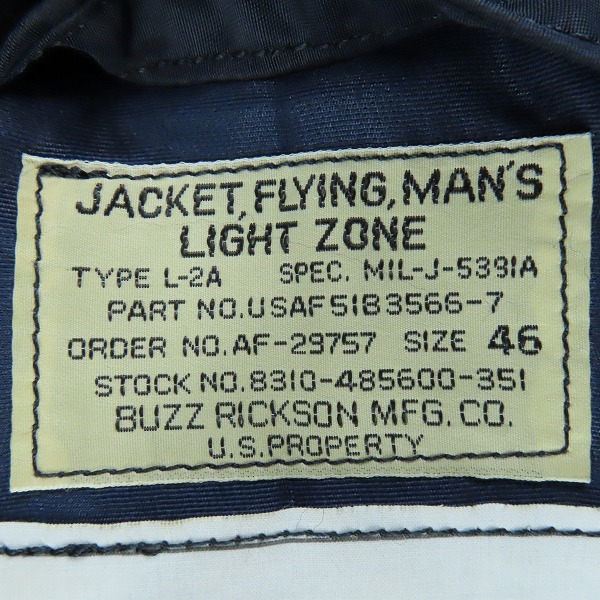 実際に弊社で買取させて頂いたNew Manual×Buzz Rickson's/ニューマニュアル×バズリクソンズ #009 TYPE L-2A フライト ジャケット BZ-YY-0002/46の画像 2枚目