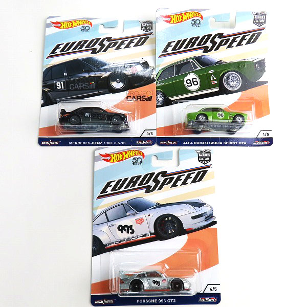 実際に弊社で買取させて頂いた【未開封】Hot Wheels/ホットウィール EURO SPEED ALFA ROMEO GIULIA SPRINT GTA/PORSCHE 993 GT2/190E 2.5-16 3点セット