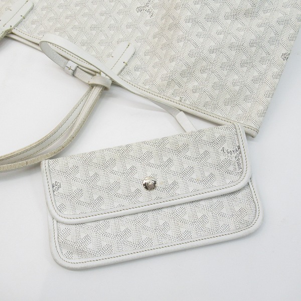 実際に弊社で買取させて頂いたGOYARD/ゴヤール サンルイPM PVC×レザー トートバッグ ホワイト ポーチ付の画像 5枚目