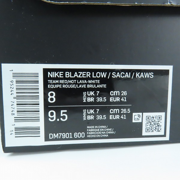 実際に弊社で買取させて頂いた【未使用】NIKE×SACAI×KAWS/ナイキ×サカイ×カウズ BLAZER LOW Team Red DM7901-600/26の画像 7枚目
