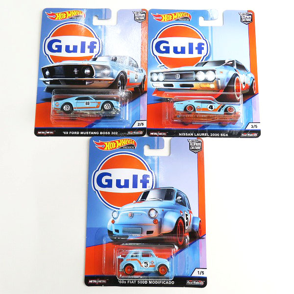 実際に弊社で買取させて頂いた(1)【未開封】Hot Wheels/ホットウィール Gulf/ガルフ 60s FIAT 500D MODIFICADO/69 FORD MUSTANG/LAUREL 2000 SGX 3点セット
