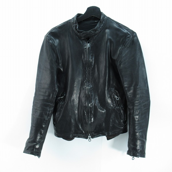 実際に弊社で買取させて頂いたISAMUKATAYAMA BACKLASH/バックラッシュ イタリアンショルダー製品染めシングルライダース 1254-01/M