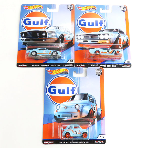 実際に弊社で買取させて頂いた(2)【未開封】Hot Wheels/ホットウィール Gulf/ガルフ 60s FIAT 500D MODIFICADO/69 FORD MUSTANG/LAUREL 2000 SGX 3点セット