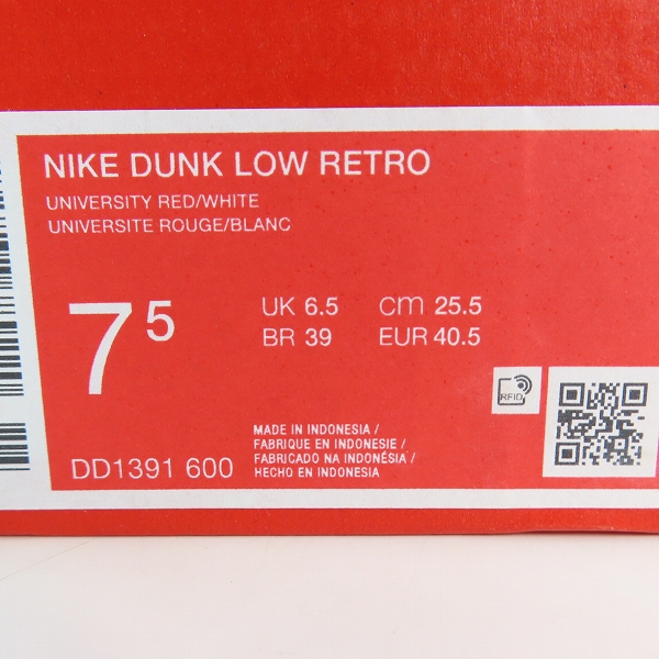 実際に弊社で買取させて頂いたNIKE/ナイキ DUNK LOW RETRO CHAMPIONSHIP RED/ダンクロー チャンピオンシップレッド DD1391-600/25.5の画像 8枚目