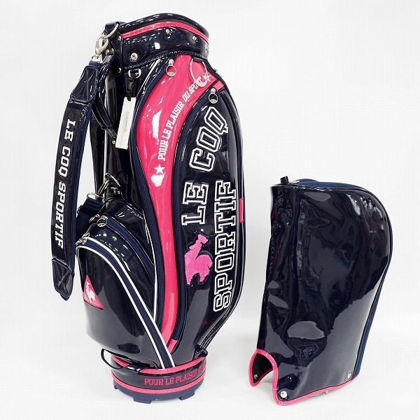 実際に弊社で買取させて頂いたle coq sportif/ルコックスポルティフ ゴルフ QQCMJJ00 9型 6分割 エナメル キャディバッグ ネイビーｘピンク