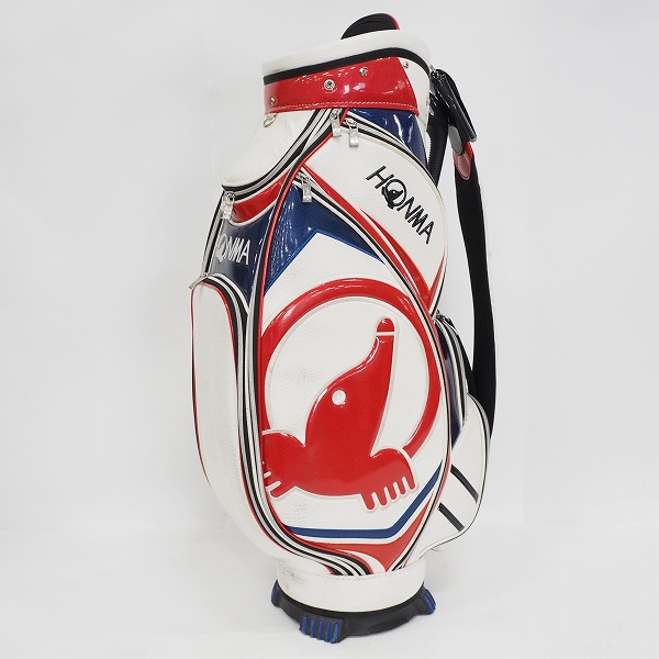 実際に弊社で買取させて頂いた【フード無し】HONMA/ホンマ/本間 CB-1810 ゴルフ モグラアクセント 5分割 キャディバッグ トリコロールの画像 1枚目
