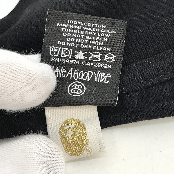 実際に弊社で買取させて頂いたSTUSSY×A BATHING APE/ステューシー×アベイシングエイプ  ロゴプリント Tシャツ ブラック Mの画像 3枚目