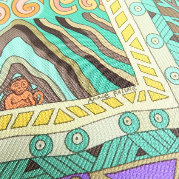 実際に弊社で買取させて頂いたHERMES/エルメス カレ90  Voyage en Etoffes 世界の布地を巡る旅 シルク大判スカーフの画像 6枚目