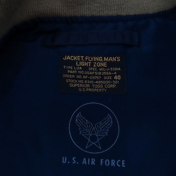 実際に弊社で買取させて頂いたBUZZ RICKSONS/バズリクソンズ SUPERIOR TOGS CORP L-2A フライトジャケット BR14130/40の画像 2枚目