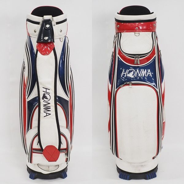 実際に弊社で買取させて頂いた【フード無し】HONMA/ホンマ/本間 CB-1810 ゴルフ モグラアクセント 5分割 キャディバッグ トリコロールの画像 2枚目