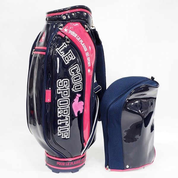 実際に弊社で買取させて頂いたle coq sportif/ルコックスポルティフ ゴルフ QQCMJJ00 9型 6分割 エナメル キャディバッグ ネイビーｘピンクの画像 1枚目