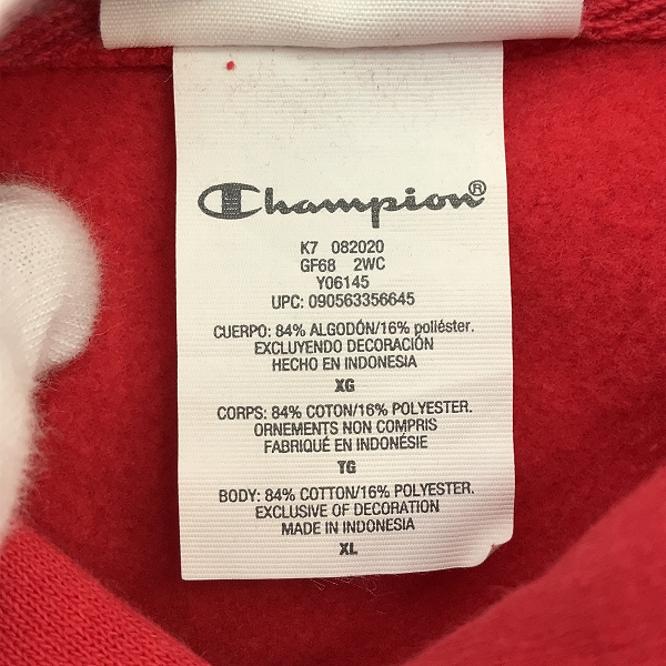 実際に弊社で買取させて頂いたChampion/チャンピオン REVERSE WEAVE/リバースウィーブ プルオーバーパーカー レッド XLの画像 3枚目
