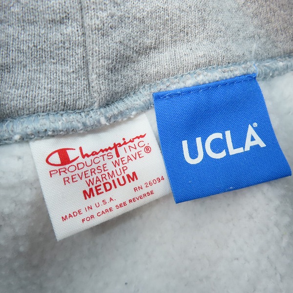 実際に弊社で買取させて頂いたChampion/チャンピオン UCLA REVERSE WEAVE sweat parka リバースウィーブ スウェット パーカー 赤単タグ 復刻 グレー Mの画像 2枚目