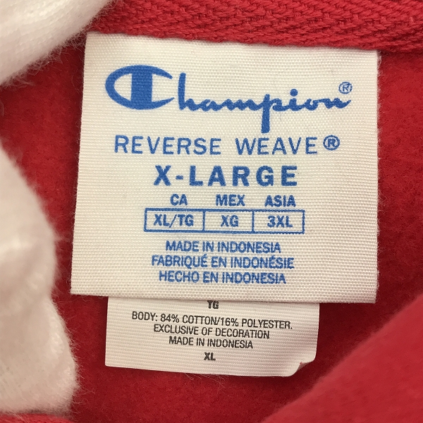 実際に弊社で買取させて頂いたChampion/チャンピオン REVERSE WEAVE/リバースウィーブ プルオーバーパーカー レッド XLの画像 2枚目