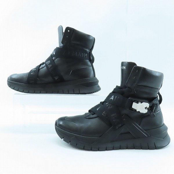 実際に弊社で買取させて頂いたBALMAIN/バルマン レザー ハイカット ロゴ ベルト スニーカーブラック SM0C172/42の画像 3枚目