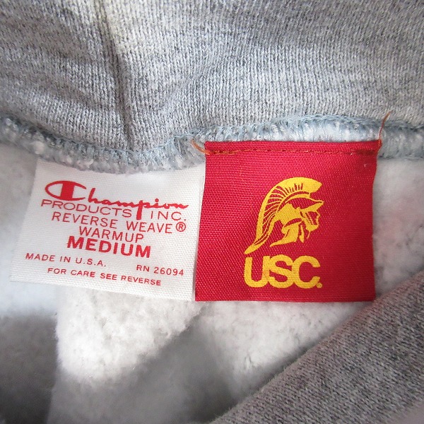 実際に弊社で買取させて頂いたChampion/チャンピオン USC REVERSE WEAVE sweat parka リバースウィーブ スウェット パーカー 赤単タグ 復刻 グレー Mの画像 2枚目