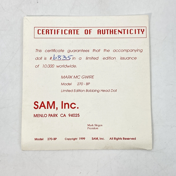 実際に弊社で買取させて頂いたSAM社 Bobbing Head Doll セントルイス・カージナルス MARK McGWIRE ボブルヘッドフィギュア リミテッドエディションの画像 6枚目