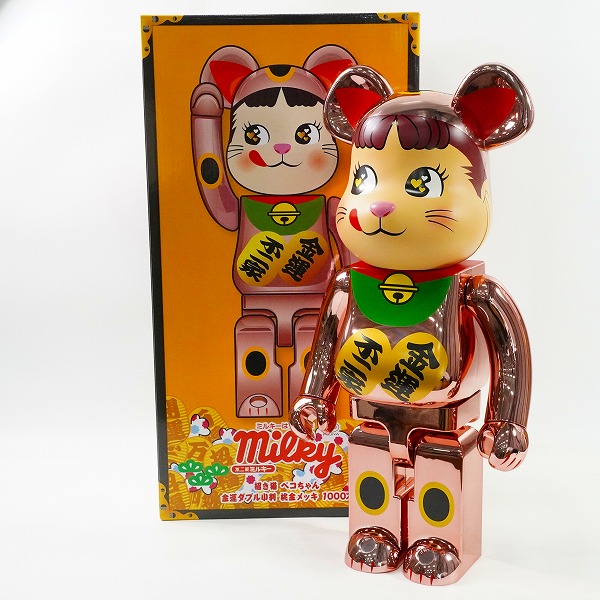 実際に弊社で買取させて頂いた★(1)未使用 MEDICOM TOY/メディコムトイ BE@RBRICK/ベアブリック 不二家 招き猫 ペコちゃん 金運ダブル小判 桃金メッキ 1000%