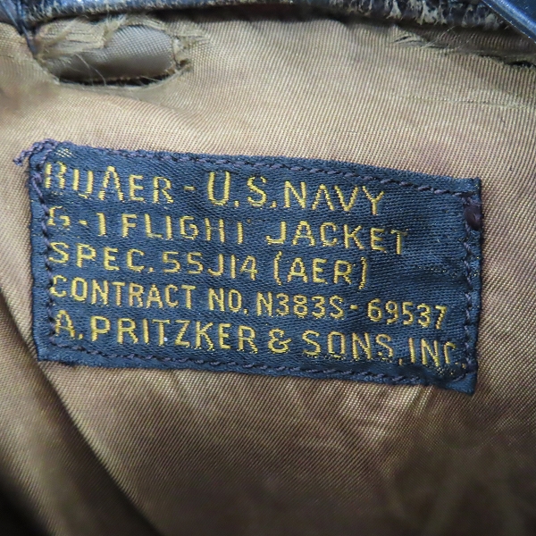 実際に弊社で買取させて頂いたA.PRITZKER & SONS社製 US NAVY 55J14 ヴィンテージ/ビンテージ G-1 フライトジャケットの画像 2枚目