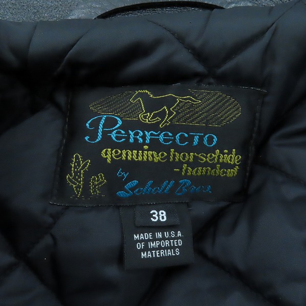 実際に弊社で買取させて頂いたSchott Bros/ショット ブロス 馬革/ホースハイド レザー 内キルティング シングル ライダースジャケット/38の画像 3枚目