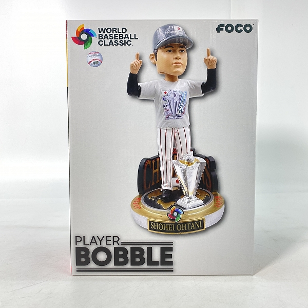 実際に弊社で買取させて頂いたFOCO PLAYER BOBBLE ボブルヘッド  WBC 2023 大谷翔平 優勝ウェア 侍ジャパン 首振り フィギュア
