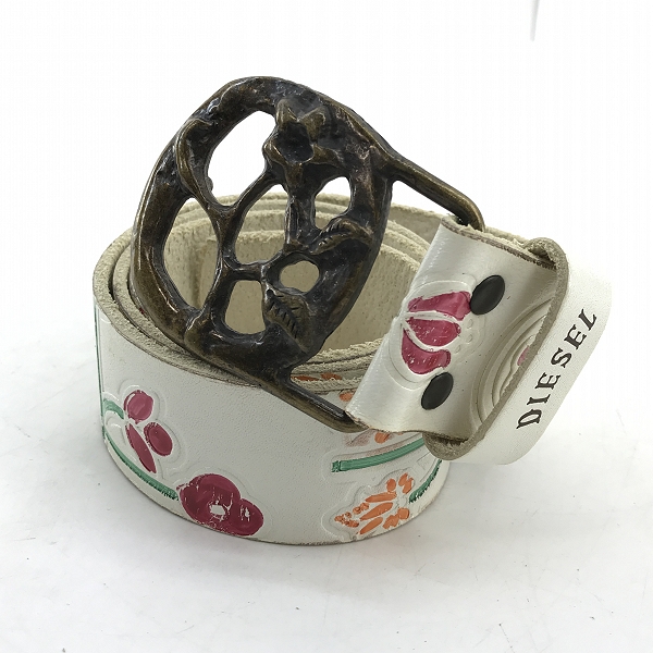 実際に弊社で買取させて頂いた【JPタグ】DIESEL/ディーゼル フラワー彫刻 バックル レザーベルト 90/36