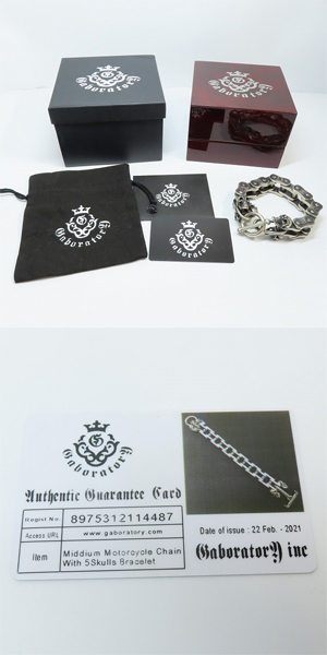 実際に弊社で買取させて頂いた【ギャラ付き】GABORATORY/ガボラトリー/ガボール ミディアム モーターサイクルチェーン ウィズ5スカル ブレスレットの画像 9枚目