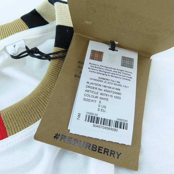 実際に弊社で買取させて頂いた【未使用】BURBERRY/バーバリー ロゴ刺繍 半袖Tシャツ オフホワイト 8078115/Sの画像 6枚目