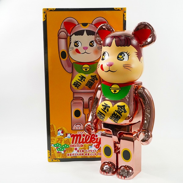 実際に弊社で買取させて頂いた★(2)未使用 MEDICOM TOY/メディコムトイ BE@RBRICK/ベアブリック 不二家 招き猫 ペコちゃん 金運ダブル小判 桃金メッキ 1000%
