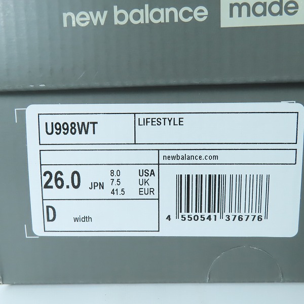実際に弊社で買取させて頂いた【未使用】WTAPS/ダブルタップス×New Balance/ニューバランス U998WT/26.0の画像 8枚目